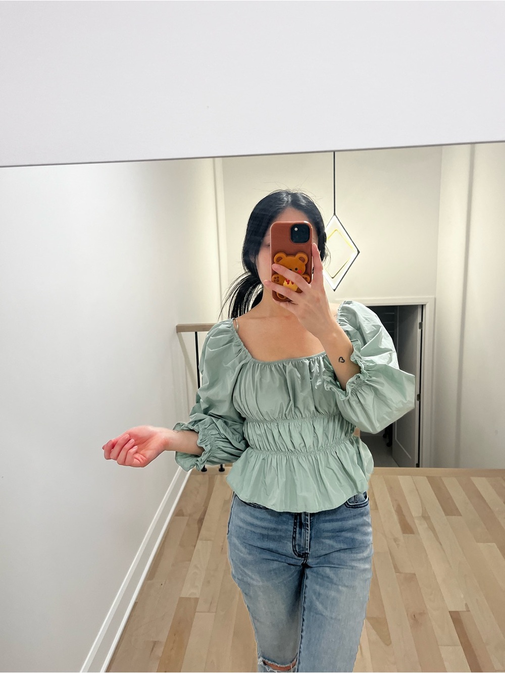 Zara Sage Green Smocked Puff-Sleeve Peplum Blouse